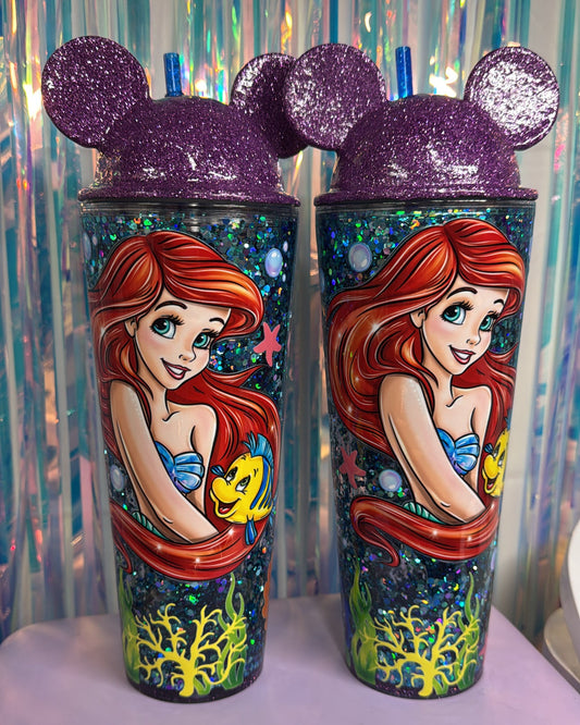 Ready to Ship Mermaid Snowglobe Tumbler with Glitter Lid